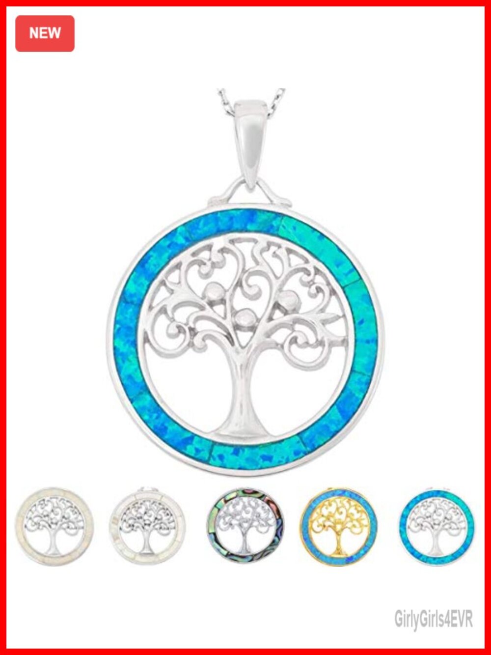 Sterling Silver Created Blue Opal Tree of Life Pendant Necklace 18 Inch